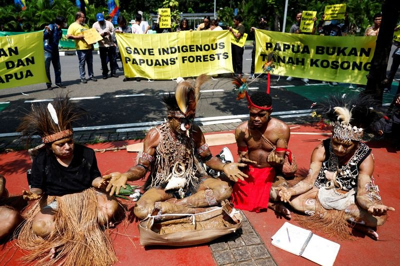 © Reuters. FILE PHOTO: Papuan activists take part in a protest against deforestation by palm oil companies on their indigenous land in Papua, outside the country